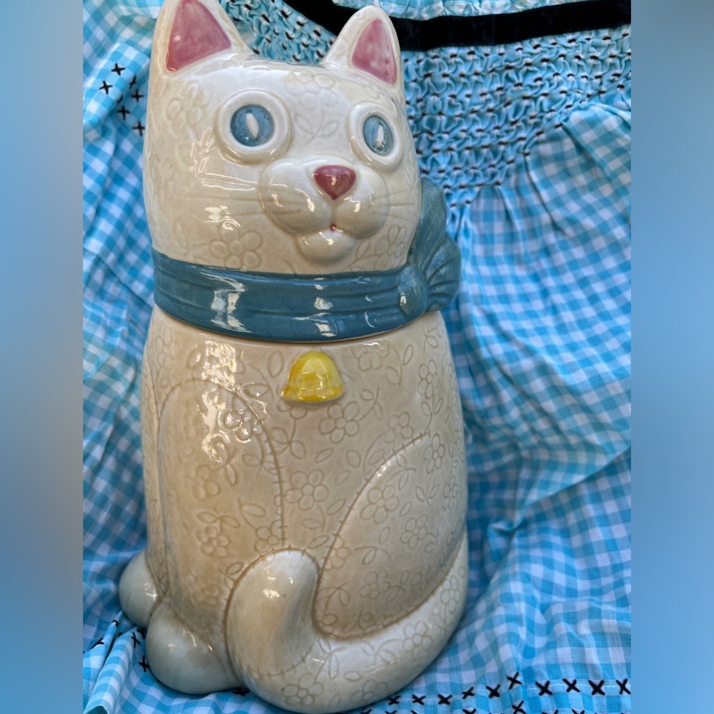 Vintage Poppytrail Pottery Cat Cookie Jar with Blue Scarf